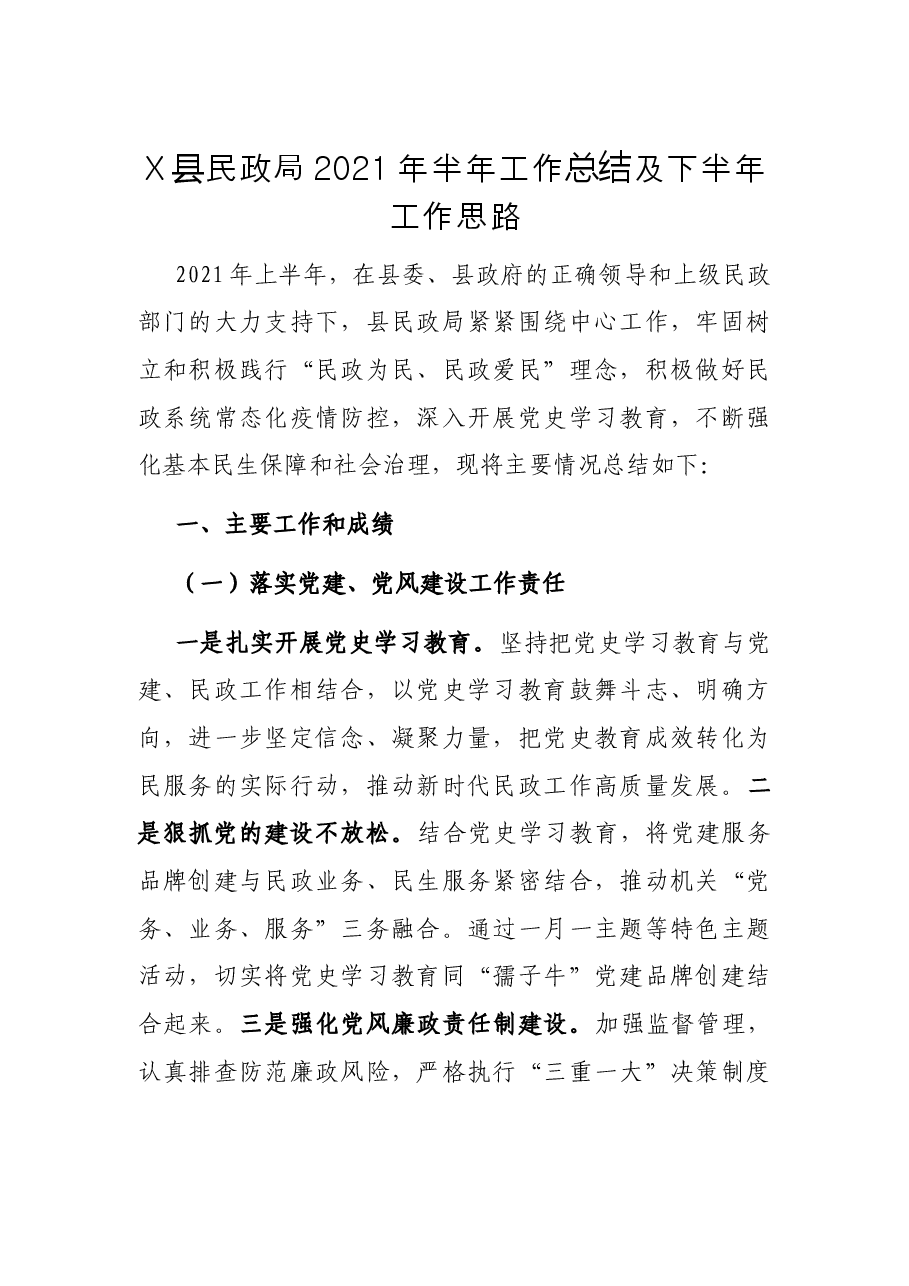 X县民政局2021年半年工作总结及下半年工作思路.docx,第1页预览