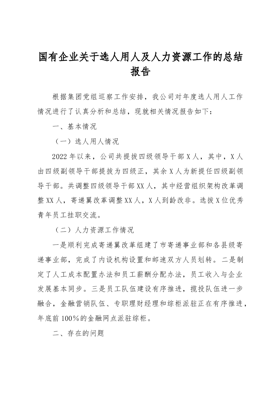 国有企业关于选人用人及人力资源工作的总结报告.docx,第1页预览