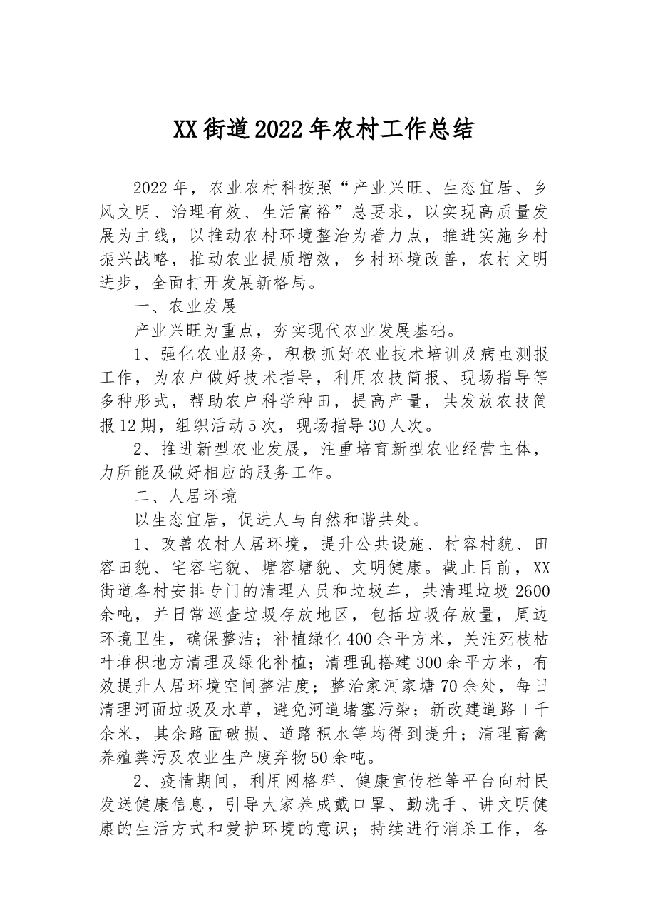 XX街道2022年农村工作总结.docx，第1页预览