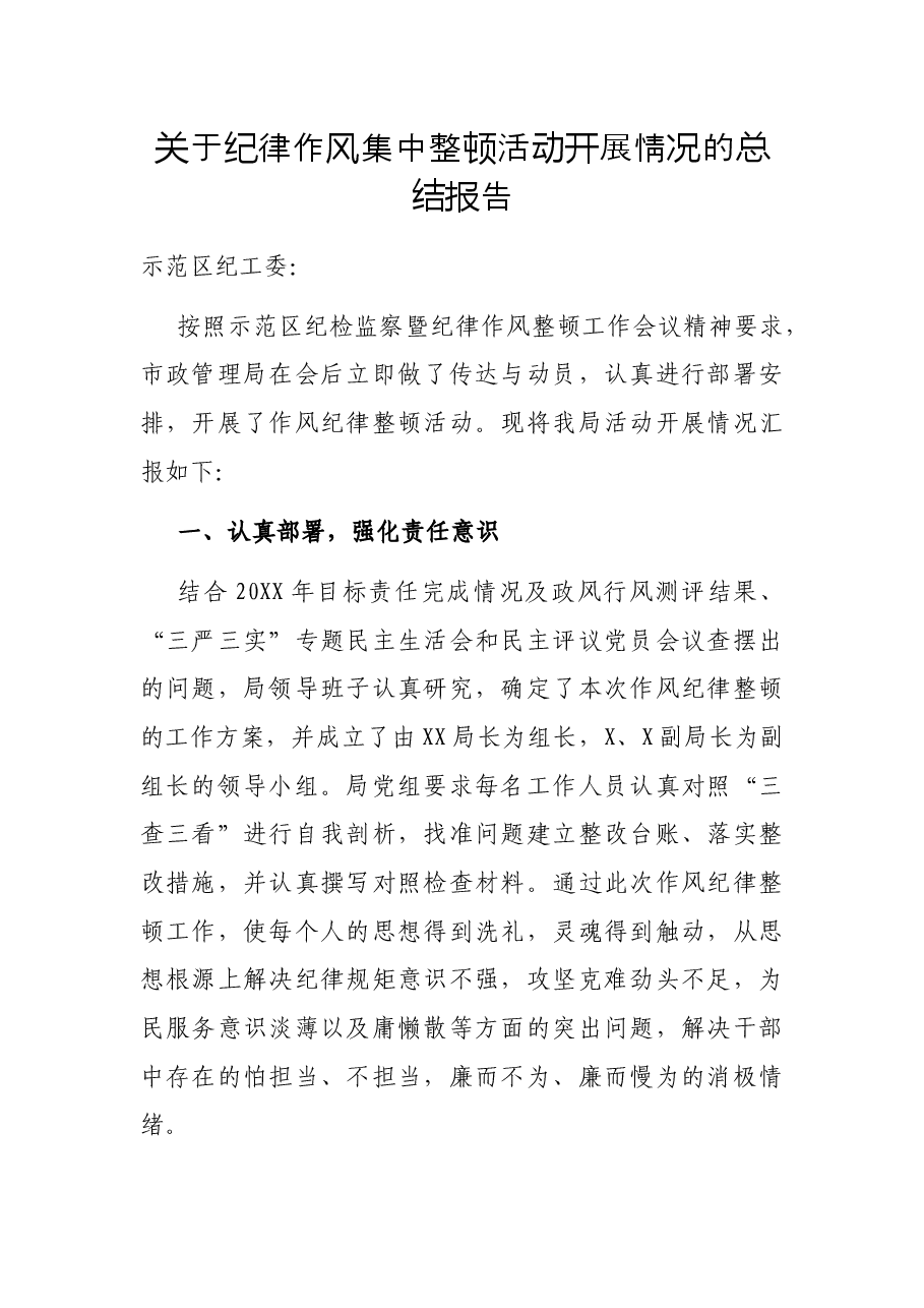 关于纪律作风集中整顿活动开展情况的总结报告.docx,第1页预览