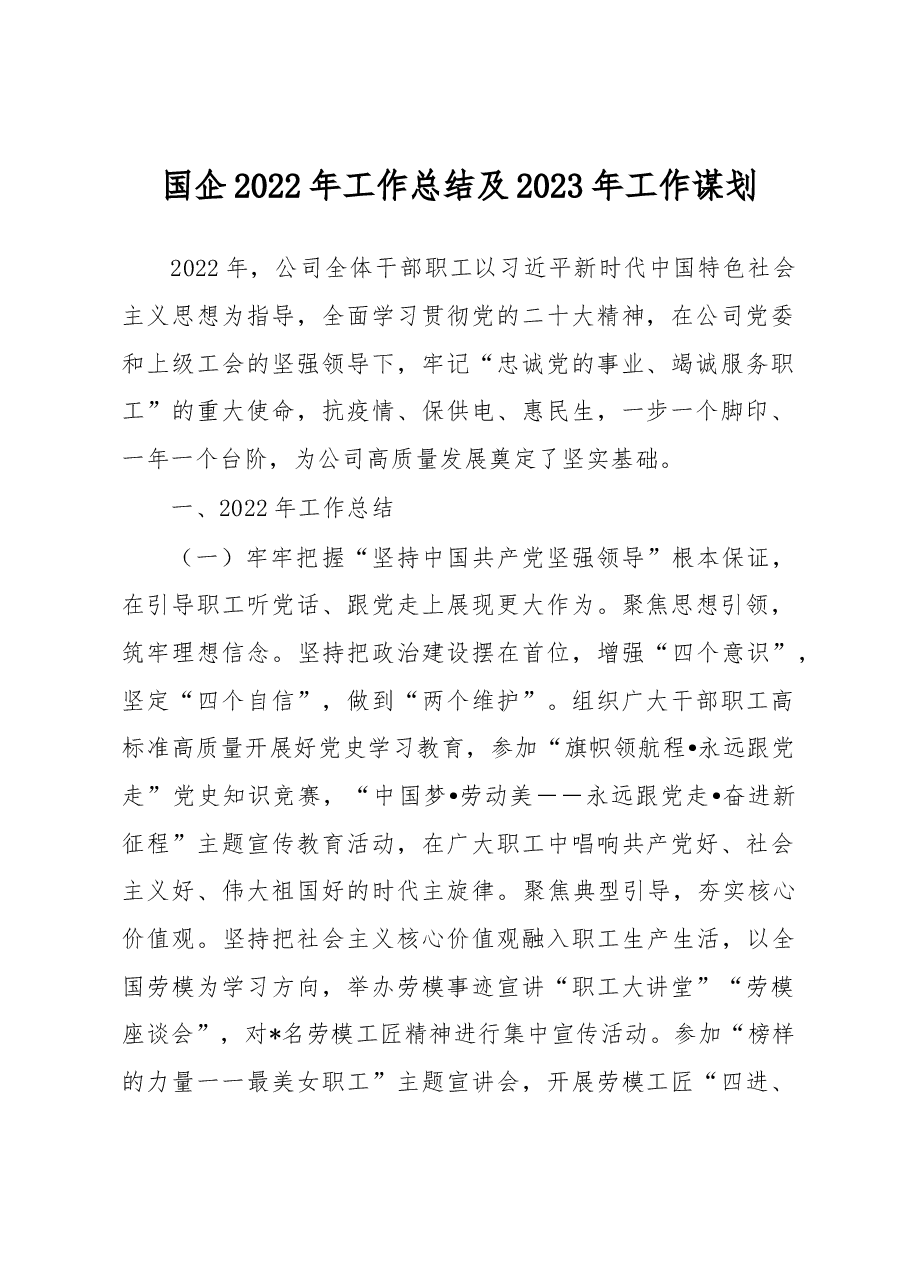 国企2022年工作总结及2023年工作谋划.docx，第1页预览