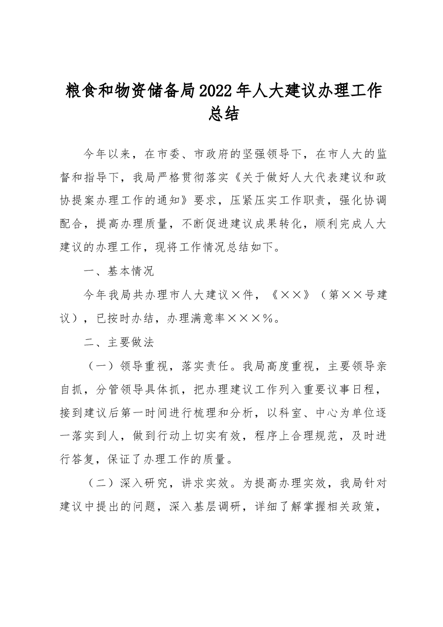 粮食和物资储备局2022年人大建议办理工作总结.docx,第1页预览