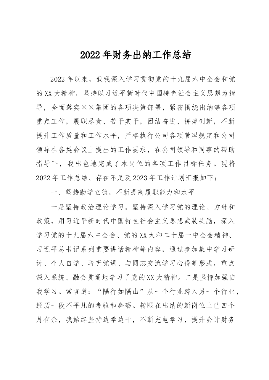 2022年财务出纳工作总结.docx,第1页预览