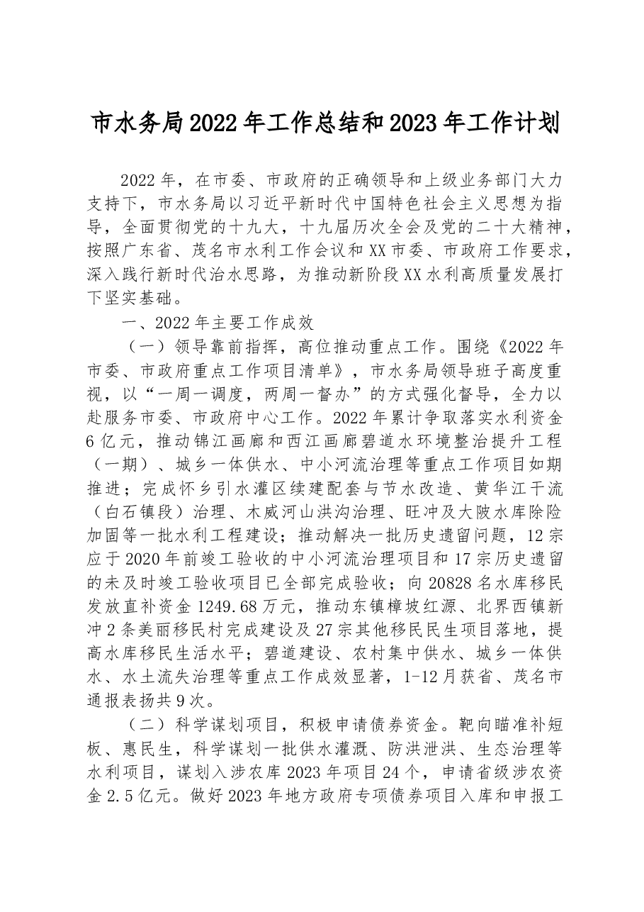 市水务局2022年工作总结和2023年工作计划.docx,第1页预览