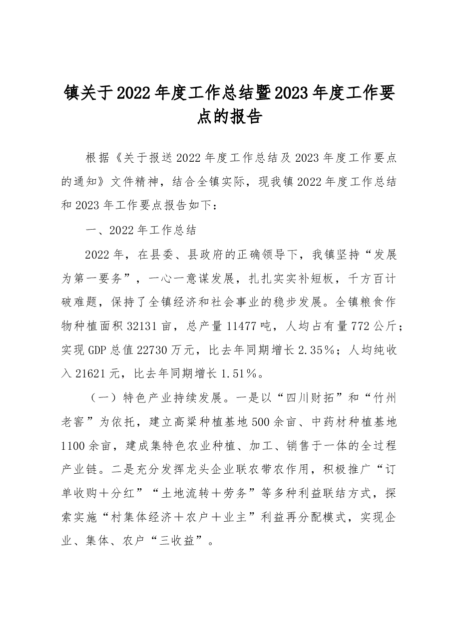 镇关于2022年度工作总结暨2023年度工作要点的报告.docx,第1页预览