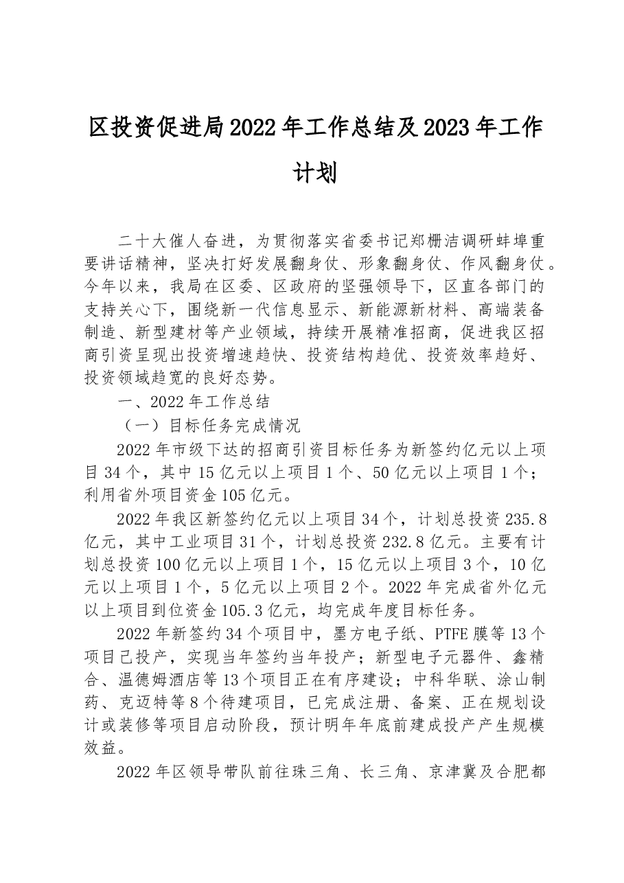 区投资促进局2022年工作总结及2023年工作计划.docx,第1页预览