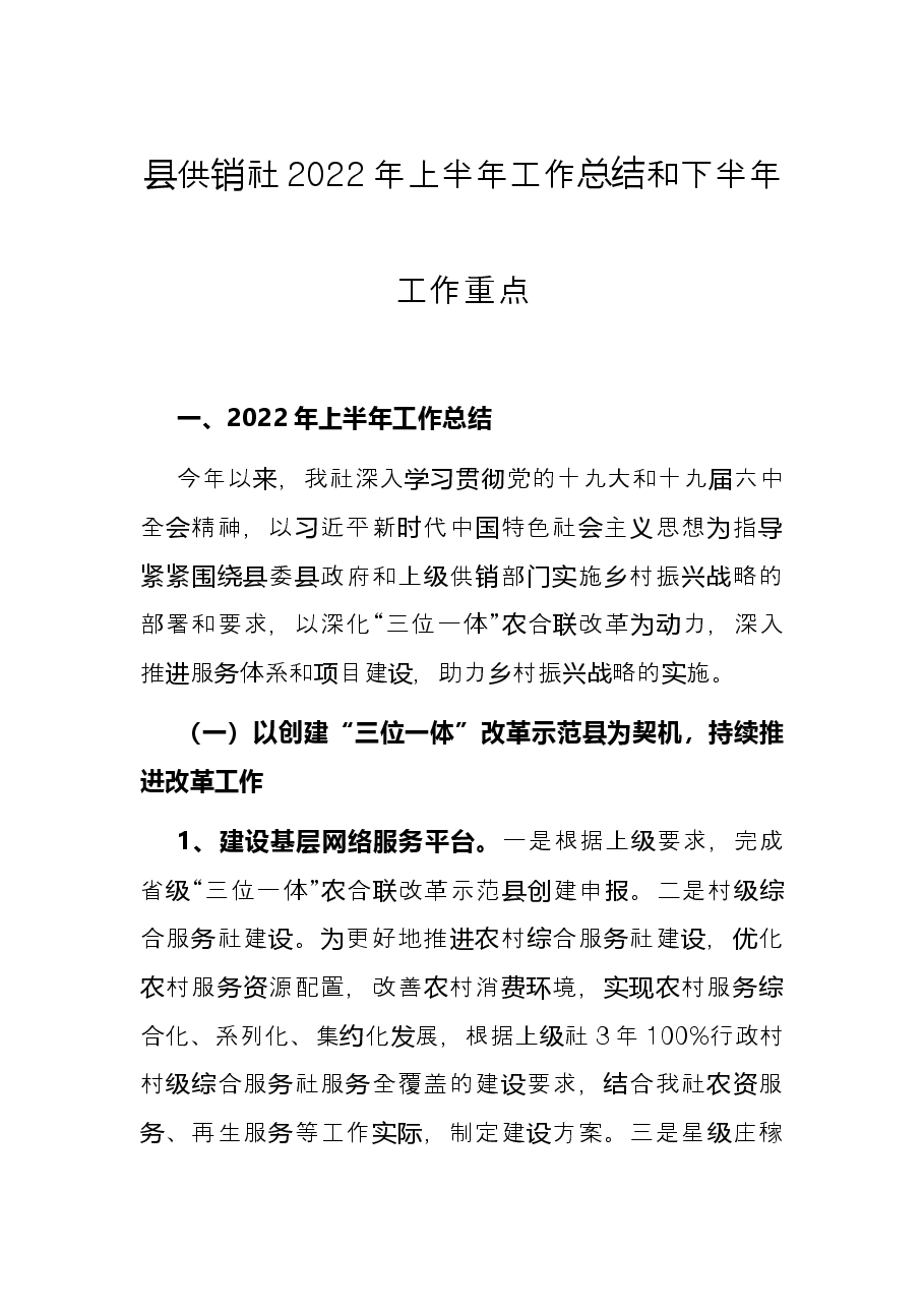 县供销社2022年上半年工作总结和下半年工作重点.docx,第1页预览