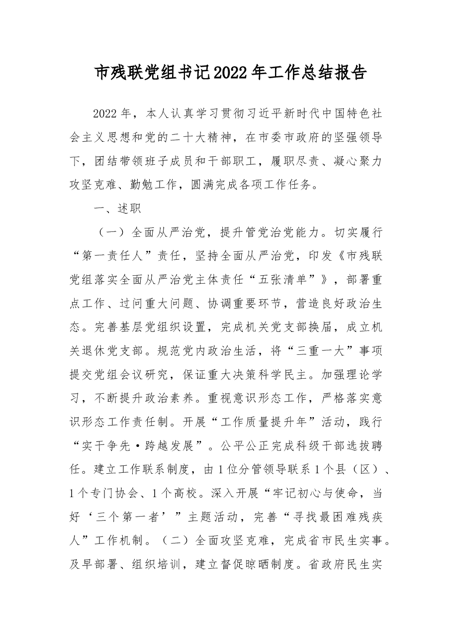 市残联党组书记2022年工作总结报告.docx,第1页预览