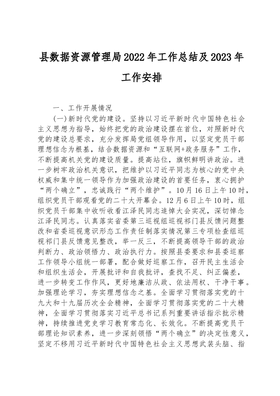 县数据资源管理局2022年工作总结及2023年工作安排.docx,第1页预览