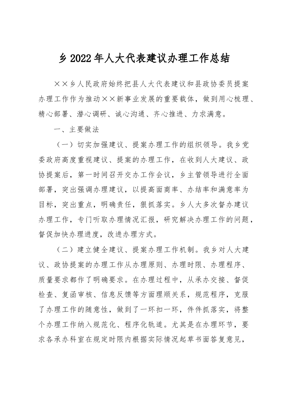 乡2022年人大代表建议办理工作总结.docx,第1页预览