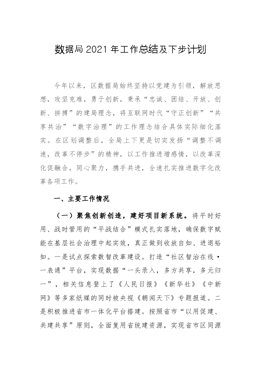 数据局2021年工作总结及下步计划.docx,第1页预览