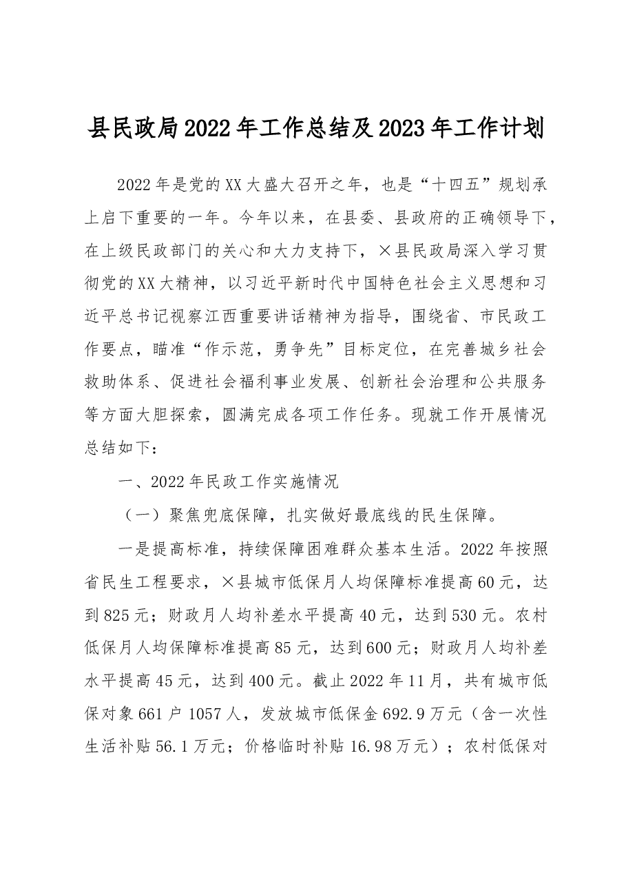 县民政局2022年工作总结及2023年工作计划.docx,第1页预览