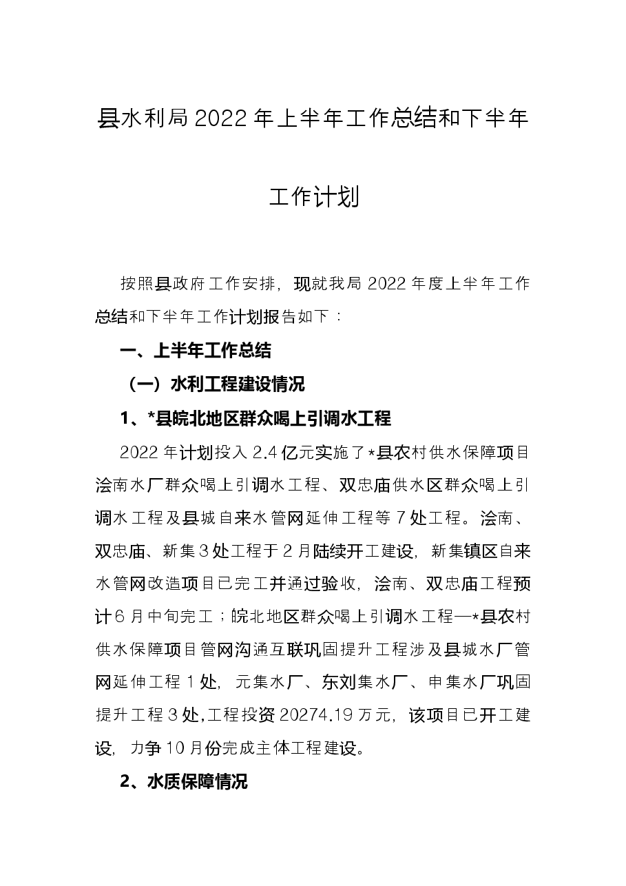 县水利局2022年上半年工作总结和下半年工作计划.docx,第1页预览