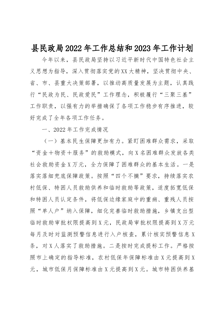 县民政局2022年工作总结和2023年工作计划.docx,第1页预览