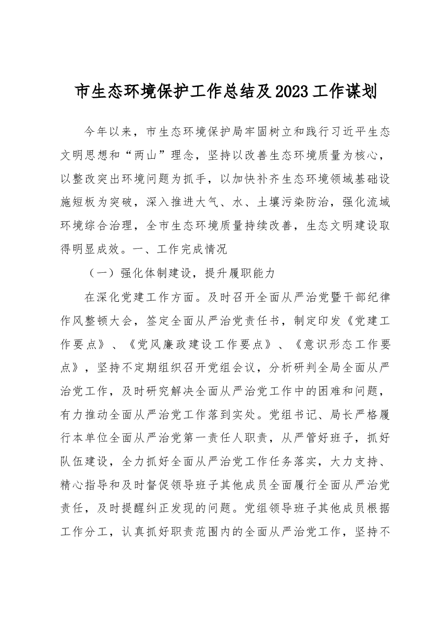 市生态环境保护工作总结及2023工作谋划.docx，第1页预览