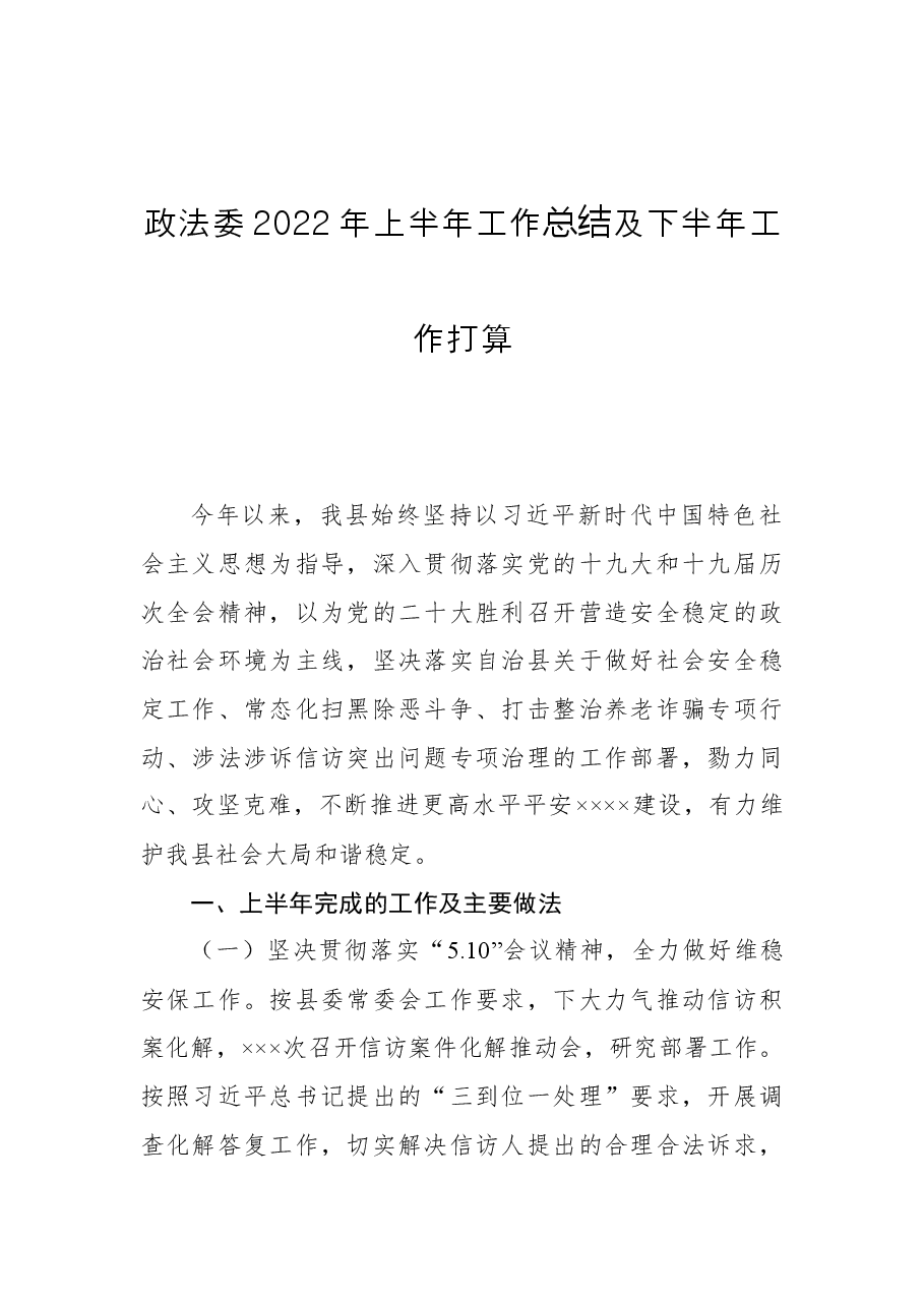 政法委2022年上半年工作总结及下半年工作打算.docx,第1页预览