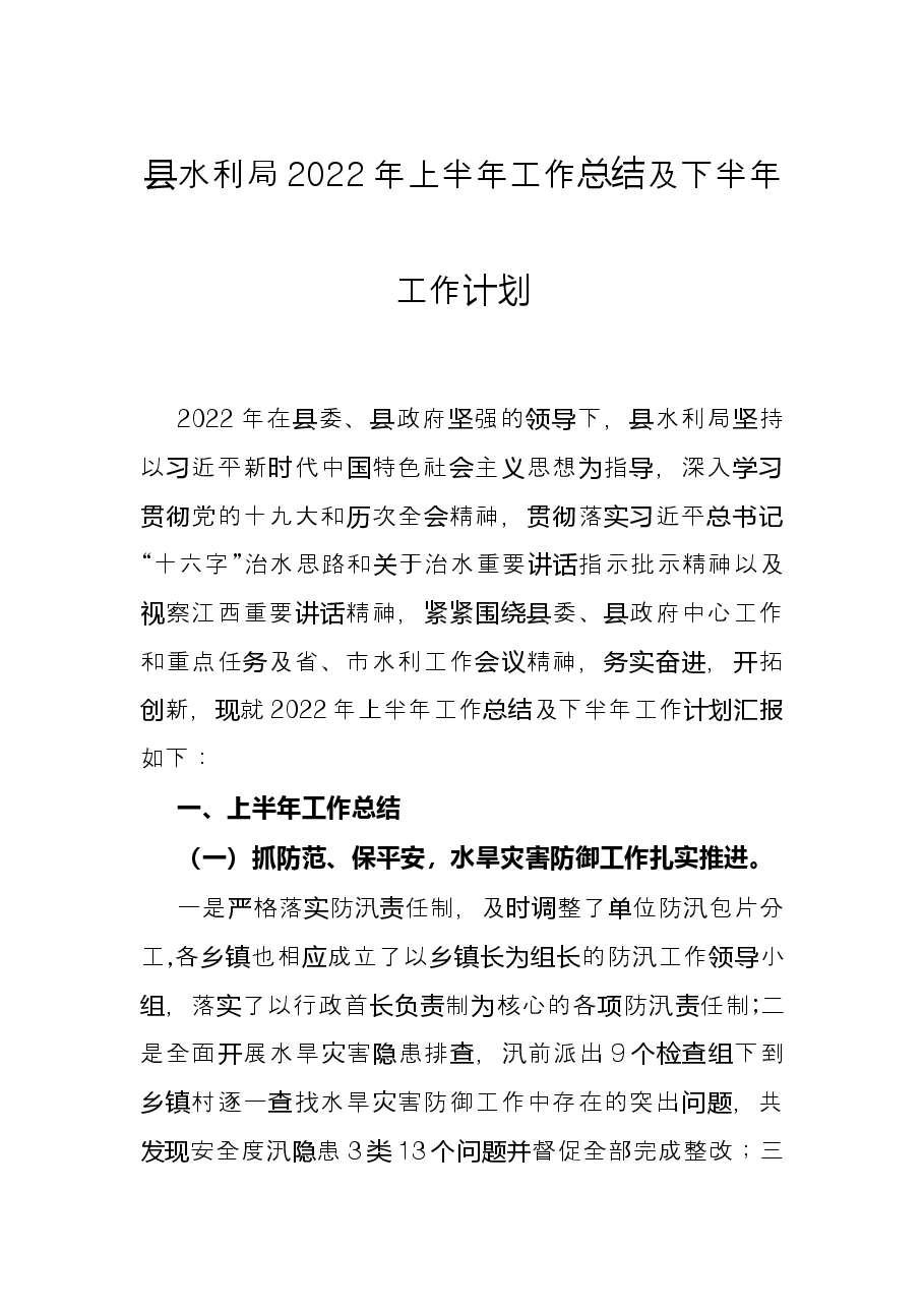 县水利局2022年上半年工作总结及下半年工作计划.docx,第1页预览