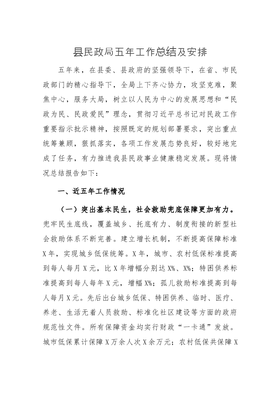 县民政局五年工作总结及安排.docx,第1页预览