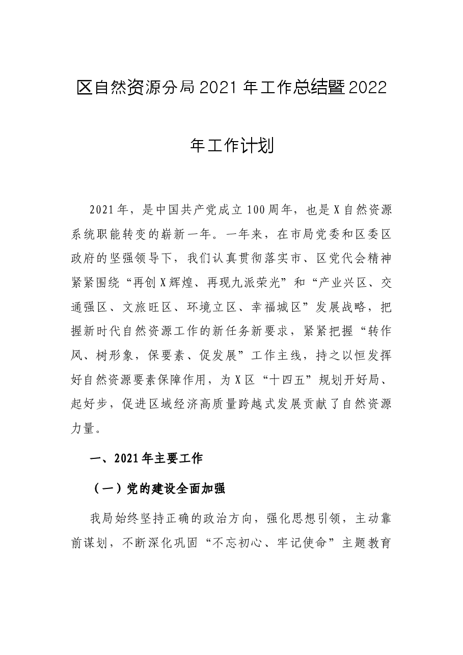 区自然资源分局2021年工作总结暨2022年工作计划.docx,第1页预览