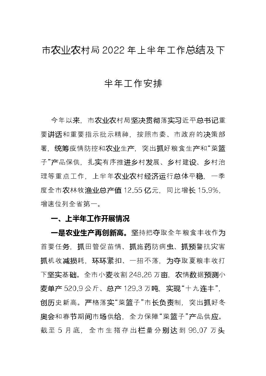 市农业农村局2022年上半年工作总结及下半年工作安排.docx,第1页预览