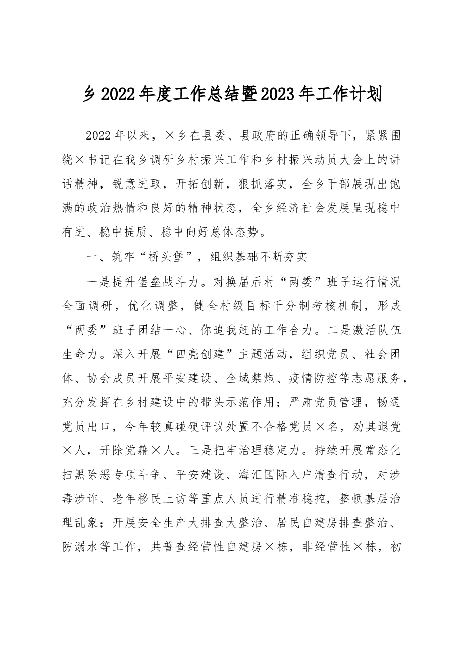 乡2022年度工作总结暨2023年工作计划.docx,第1页预览