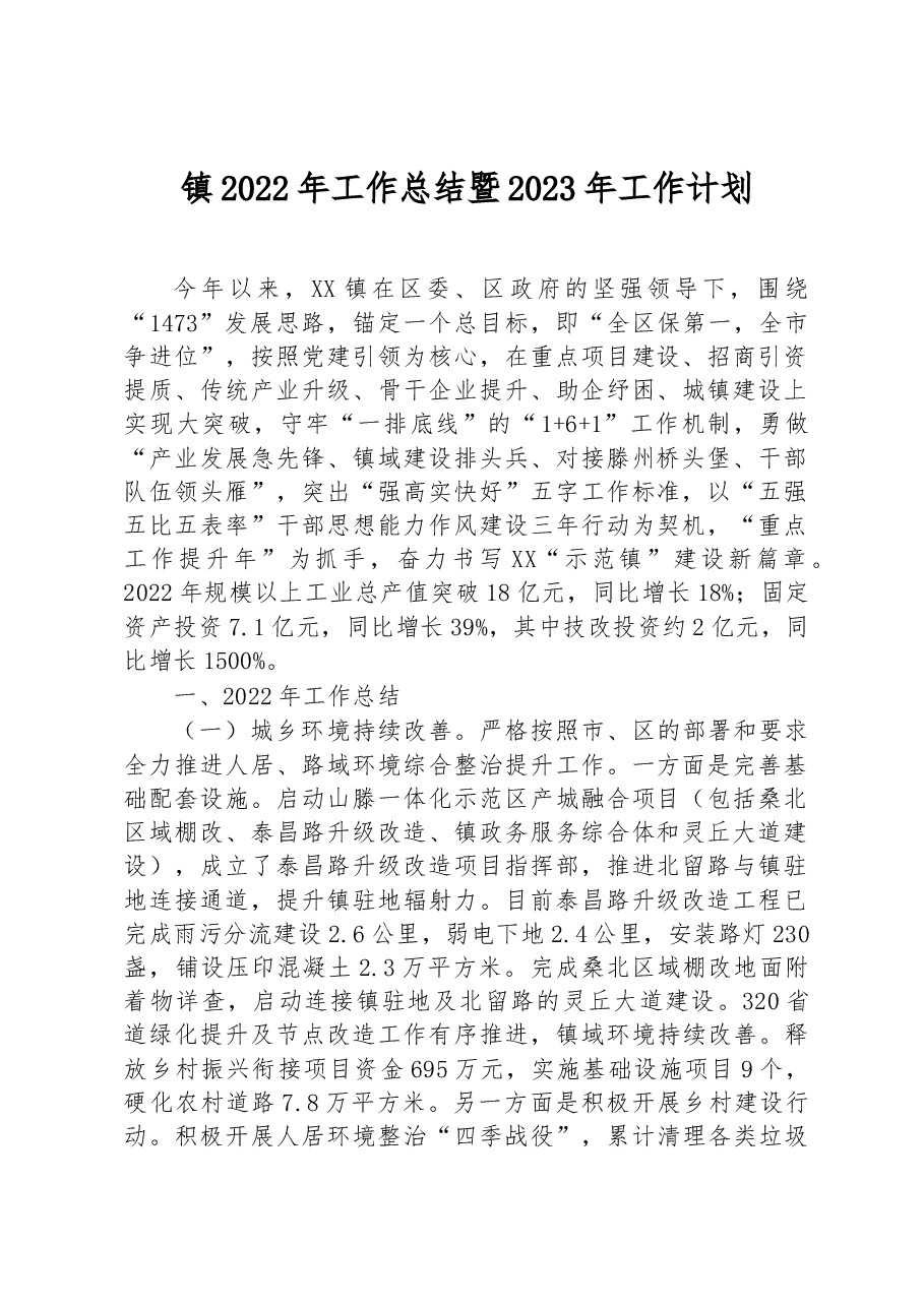 镇2022年工作总结暨2023年工作计划.docx,第1页预览