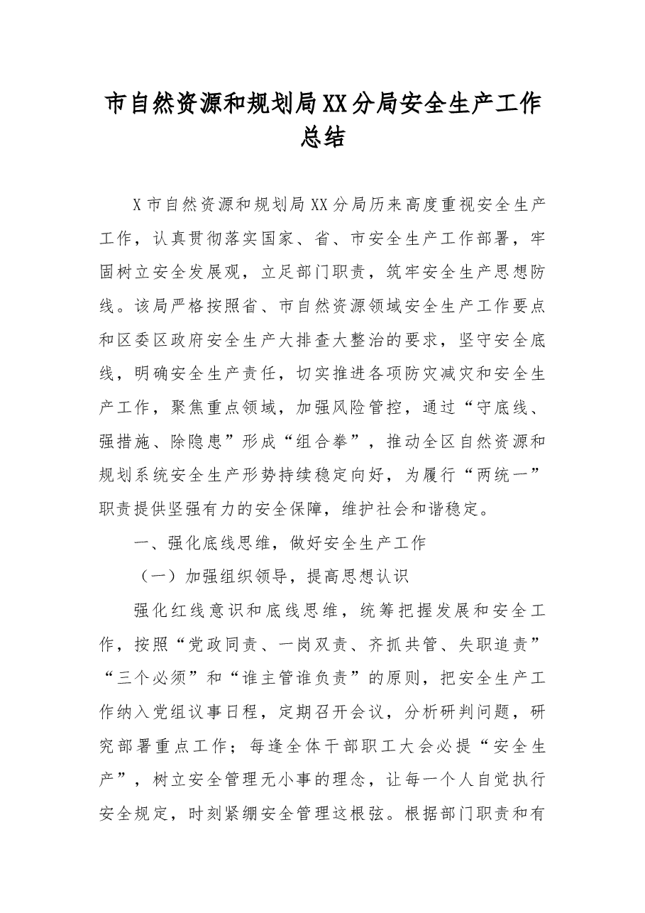 市自然资源和规划局XX分局安全生产工作总结.docx,第1页预览