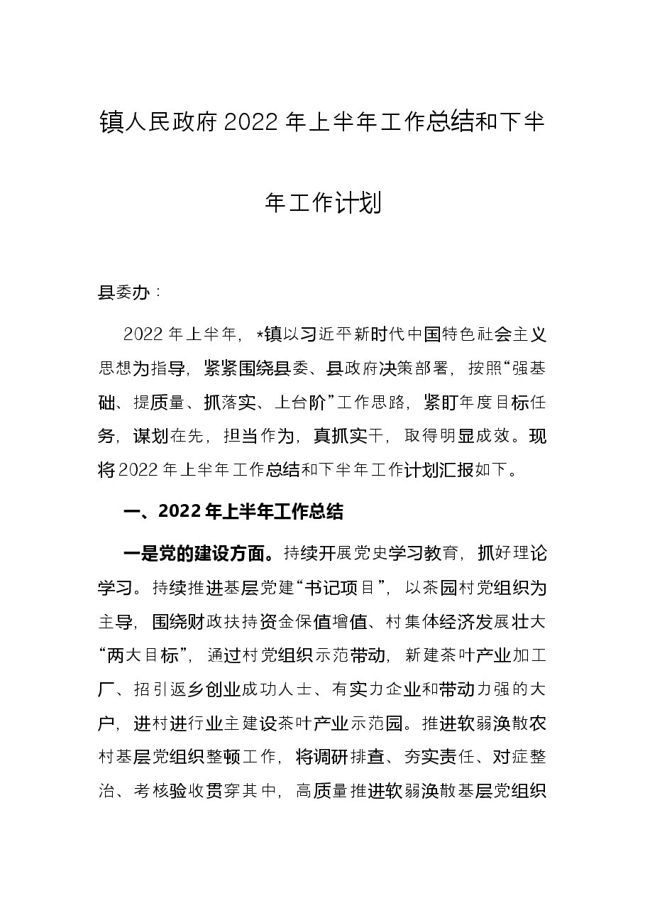 镇人民政府2022年上半年工作总结和下半年工作计划.docx,第1页预览