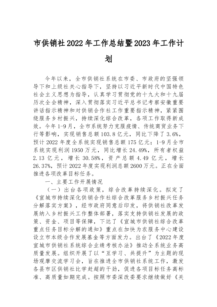 市供销社2022年工作总结暨2023年工作计划.docx,第1页预览