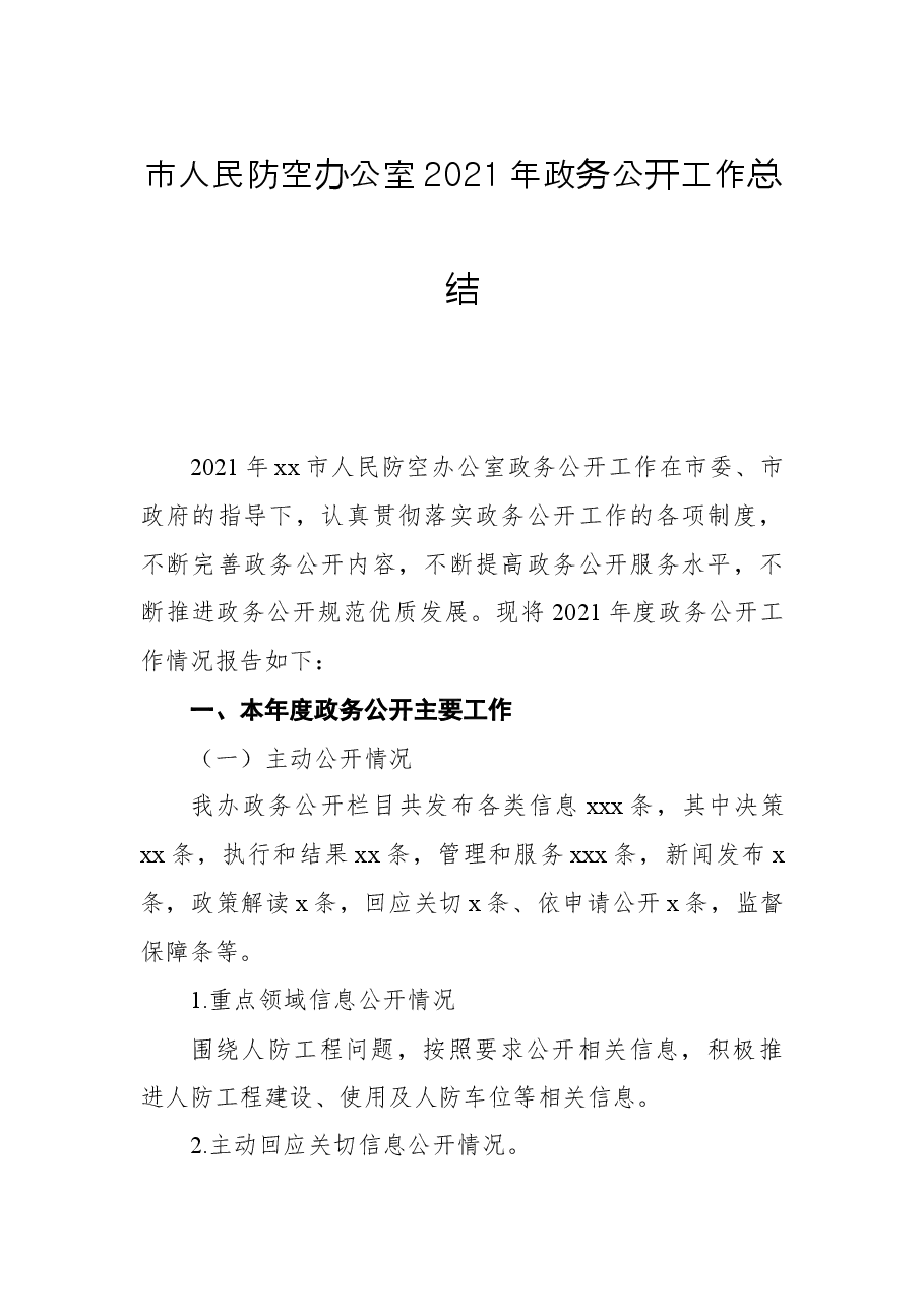 市人民防空办公室2021年政务公开工作总结.docx,第1页预览