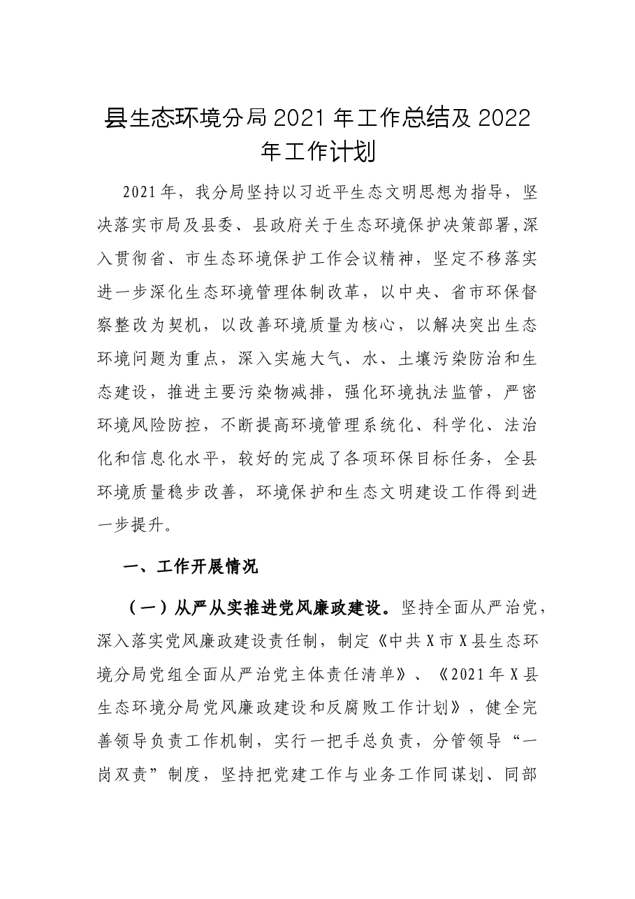 县生态环境分局2021年工作总结及2022年工作计划.docx,第1页预览