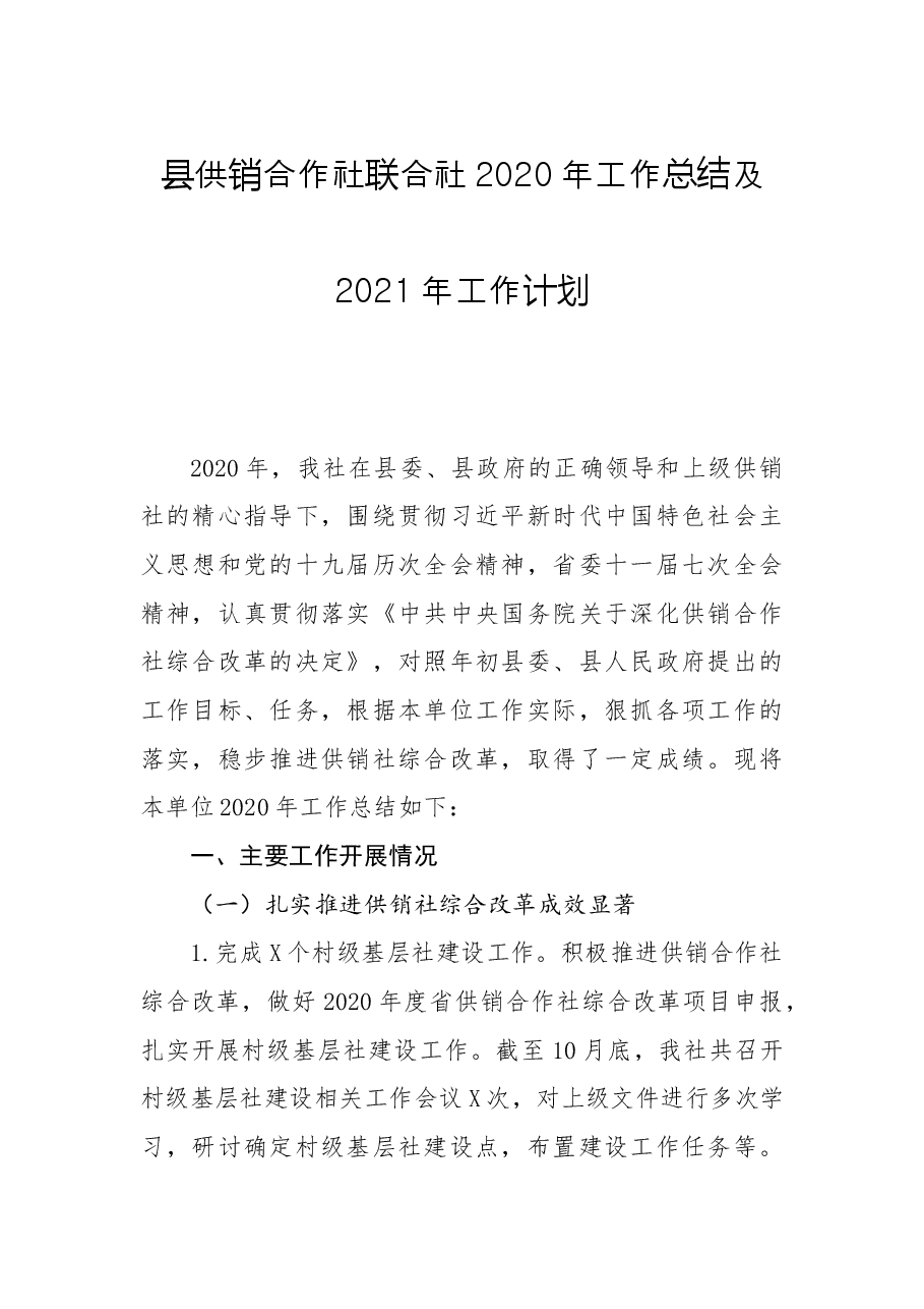县供销合作社联合社工作总结及工作计划.docx,第1页预览
