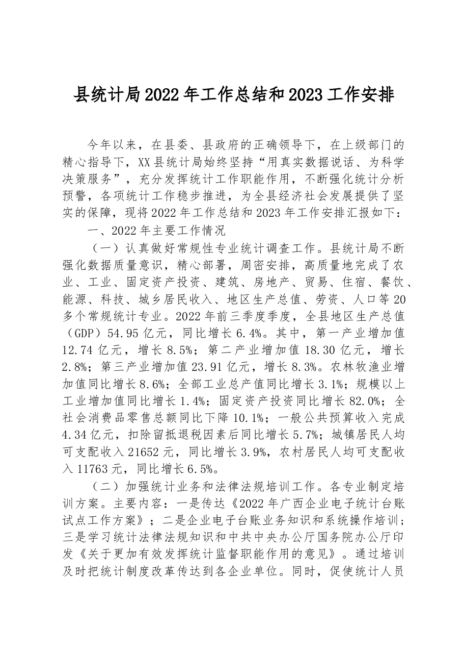 县统计局2022年工作总结和2023工作安排.docx,第1页预览