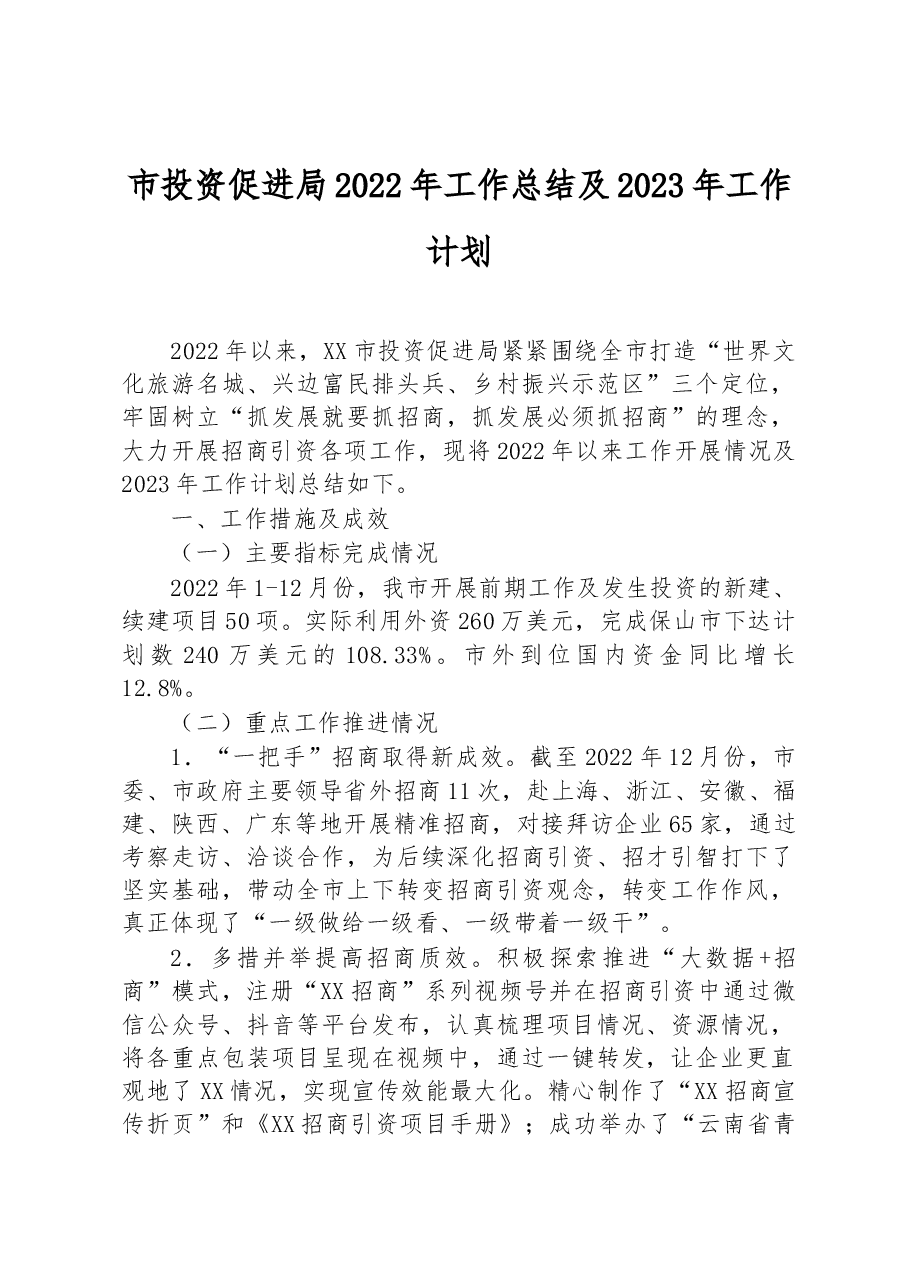 市投资促进局2022年工作总结及2023年工作计划.docx,第1页预览