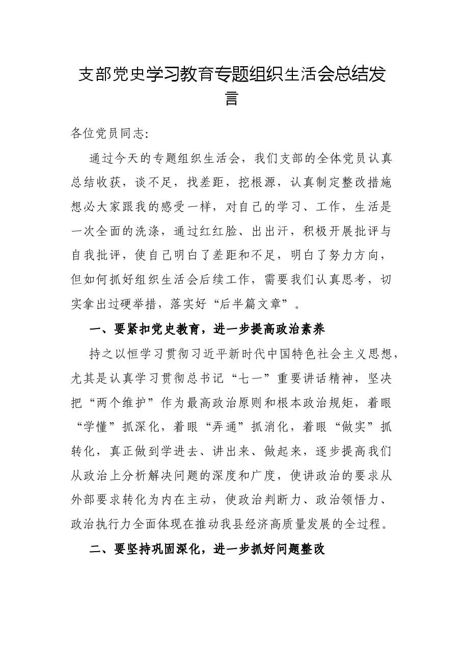 支部党史学习教育专题组织生活会总结发言.docx,第1页预览