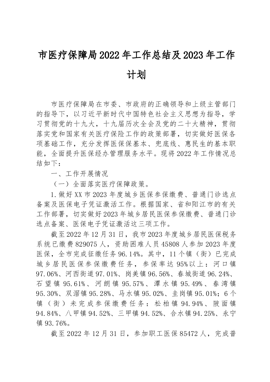 市医疗保障局2022年工作总结及2023年工作计划.docx,第1页预览