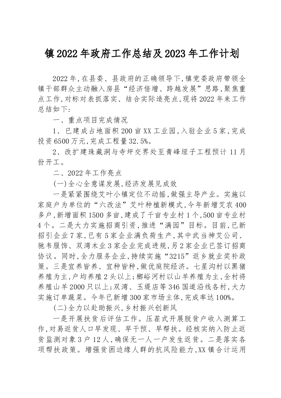 镇2022年政府工作总结及2023年工作计划.docx,第1页预览