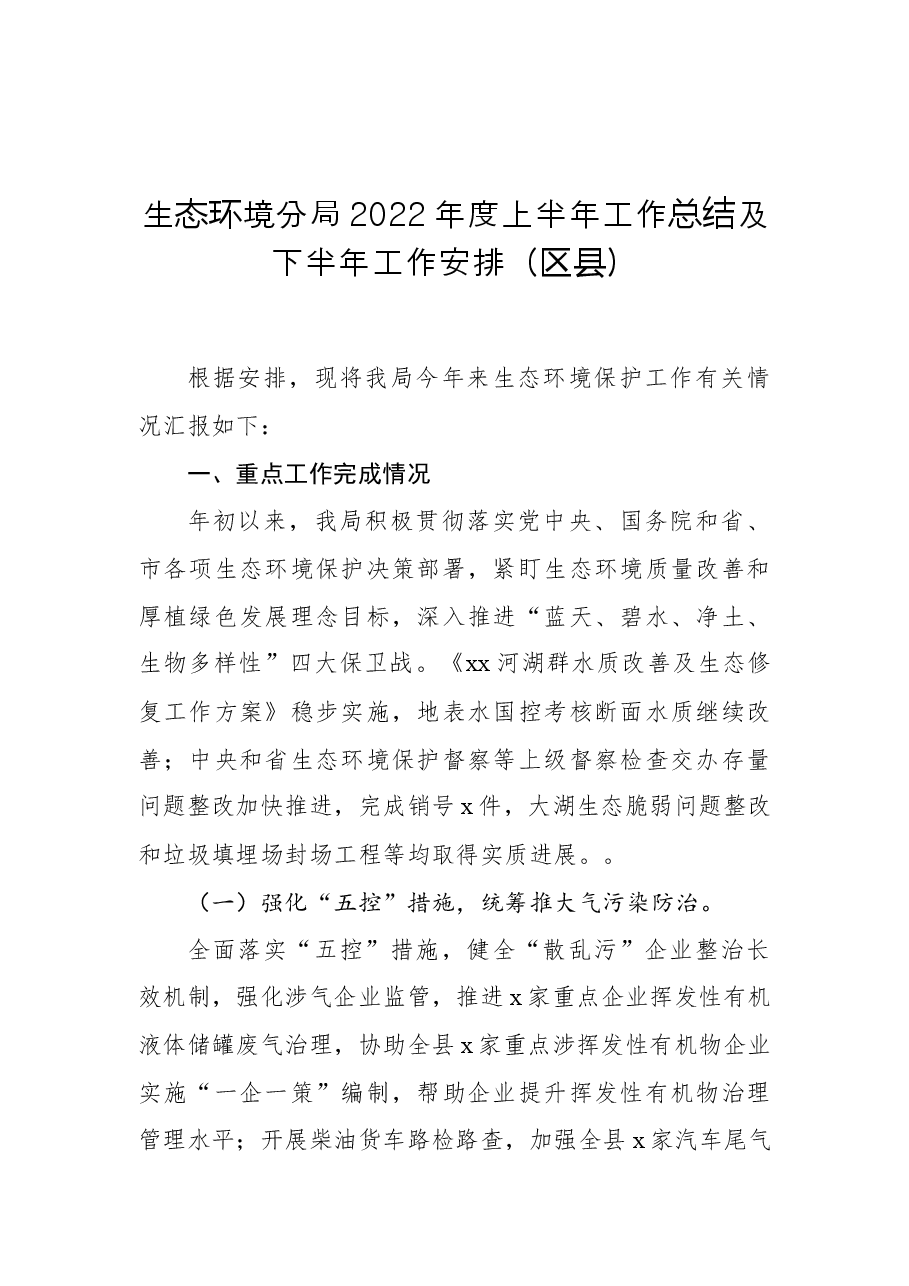生态环境分局2022年度上半年工作总结及下半年工作安排(区县).docx,第1页预览