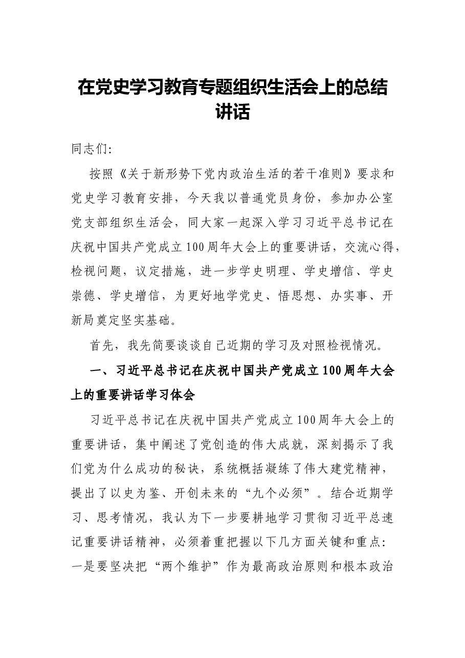在党史学习教育专题组织生活会上的总结讲话.docx，第1页预览