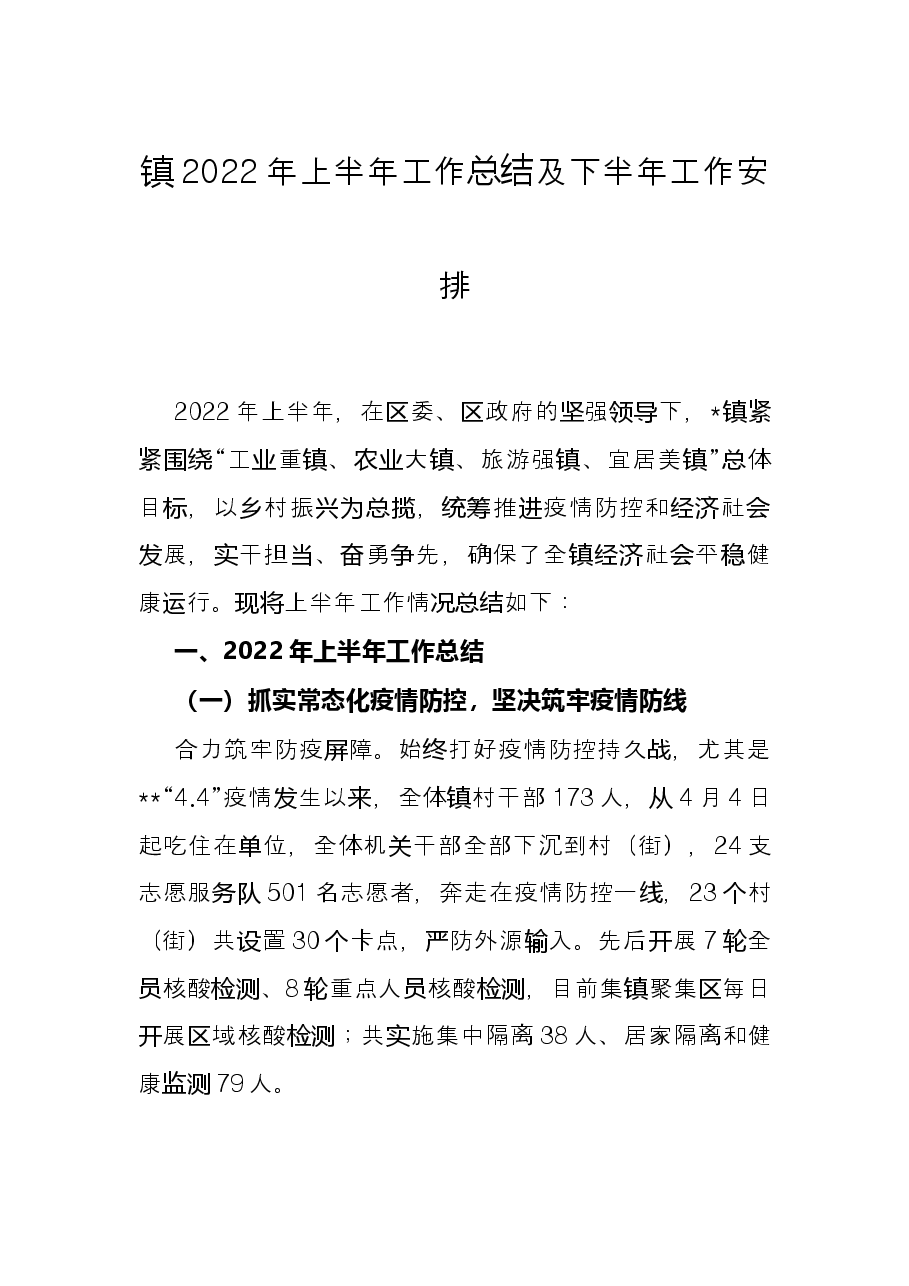 镇2022年上半年工作总结及下半年工作安排.docx,第1页预览