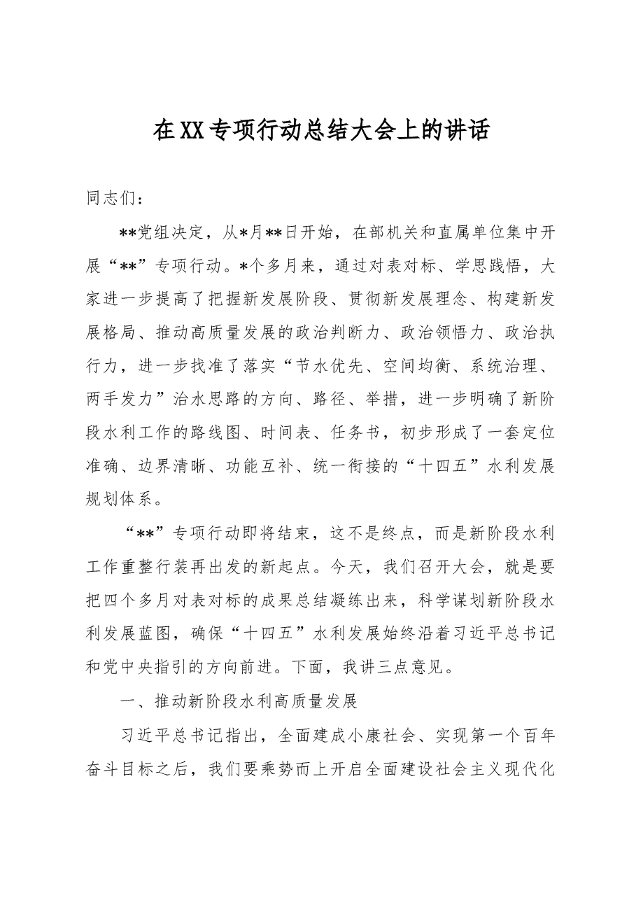 在XX专项行动总结大会上的讲话.docx，第1页预览