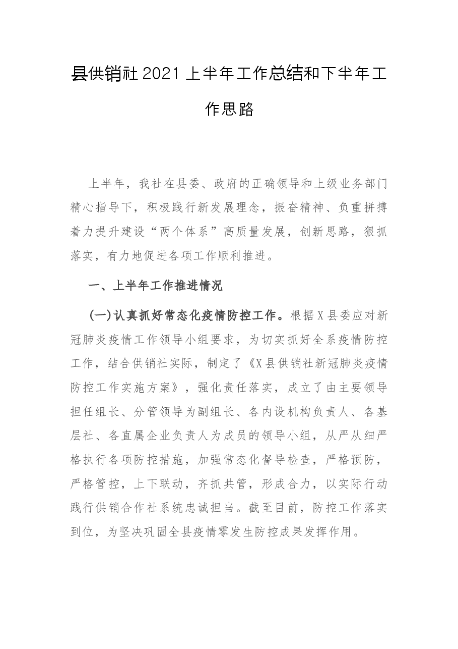 县供销社2021上半年工作总结和下半年工作思路.docx,第1页预览
