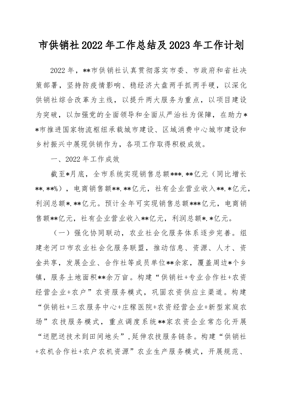 市供销社2022年工作总结及2023年工作计划.docx,第1页预览