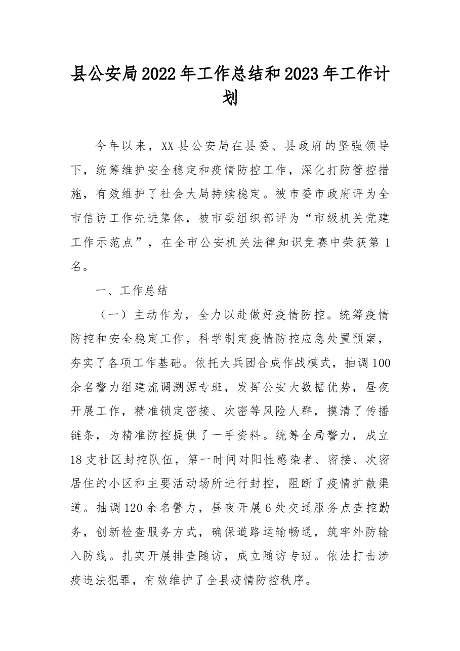 县公安局2022年工作总结和2023年工作计划.docx,第1页预览