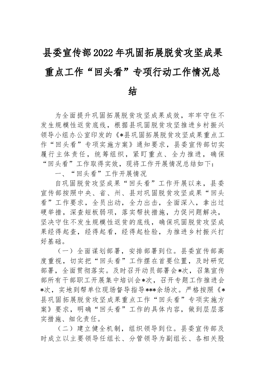 县委宣传部2022年巩固拓展脱贫攻坚成果重点工作“回头看”专项行动工作情况总结.docx,第1页预览