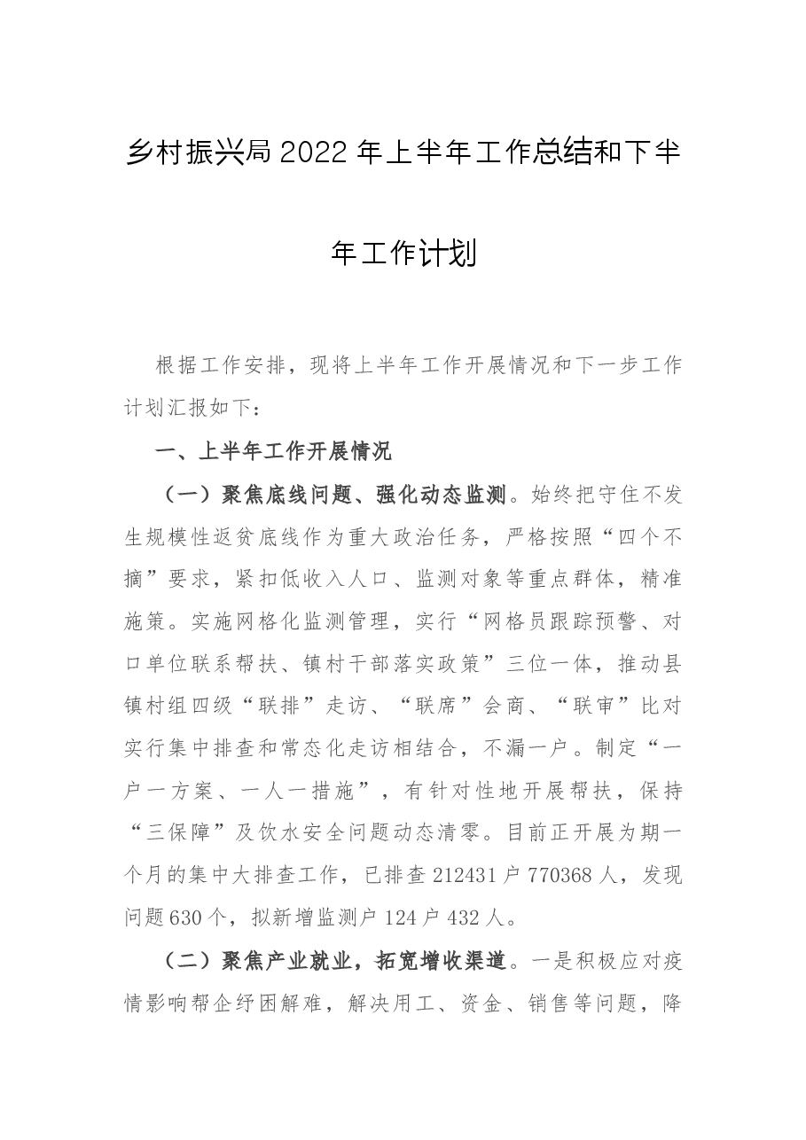 乡村振兴局2022年上半年工作总结和下半年工作计划.docx,第1页预览
