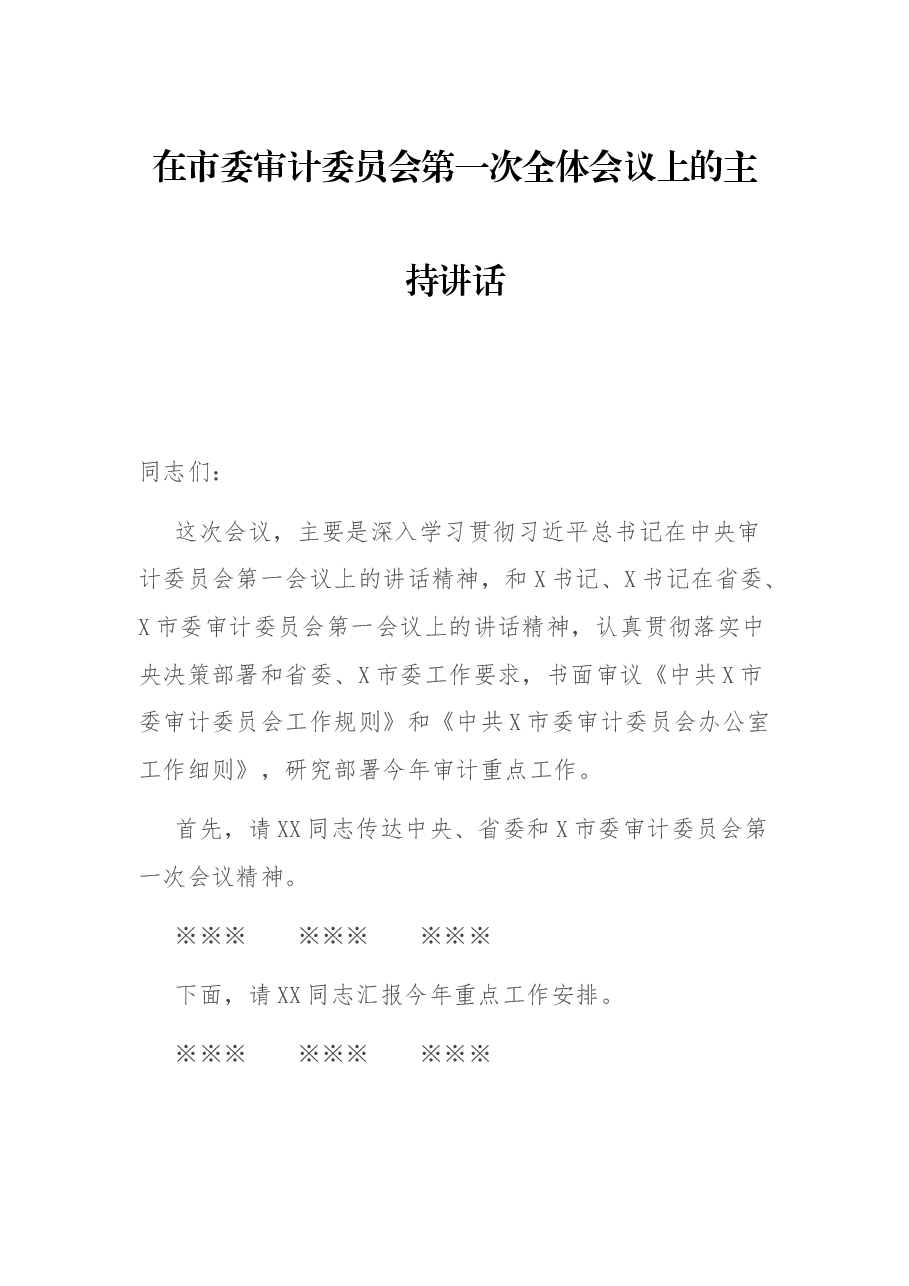 在市委审计委员会第一次全体会议上的主持讲话.docx,第1页预览