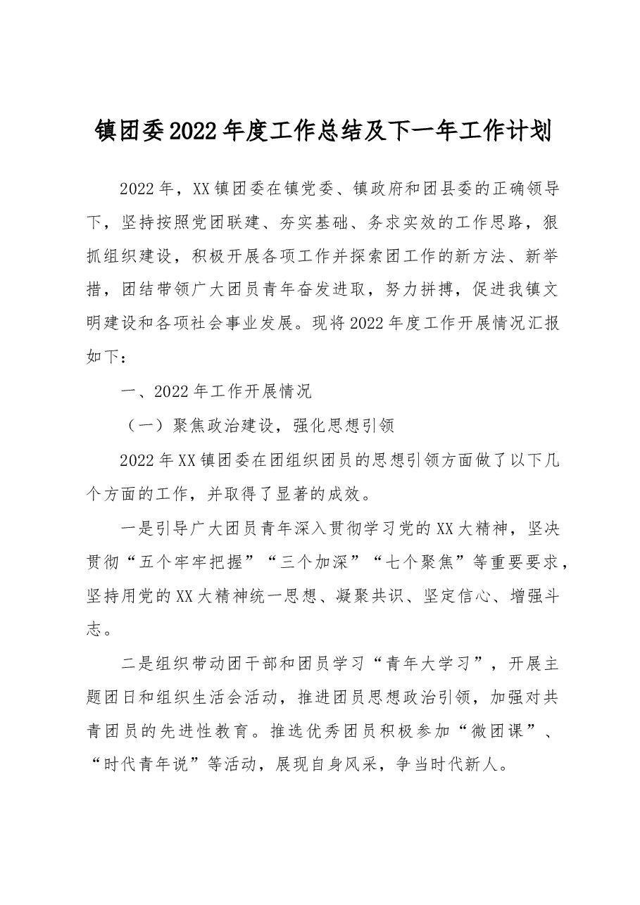 镇团委2022年度工作总结及下一年工作计划.docx，第1页预览