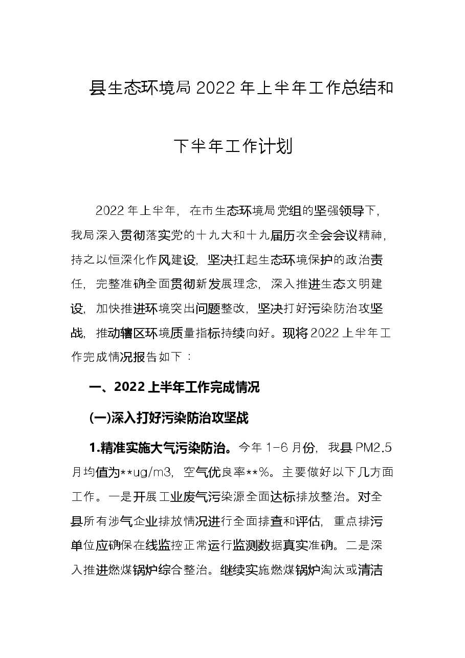 县生态环境局2022年上半年工作总结和下半年工作计划.docx,第1页预览