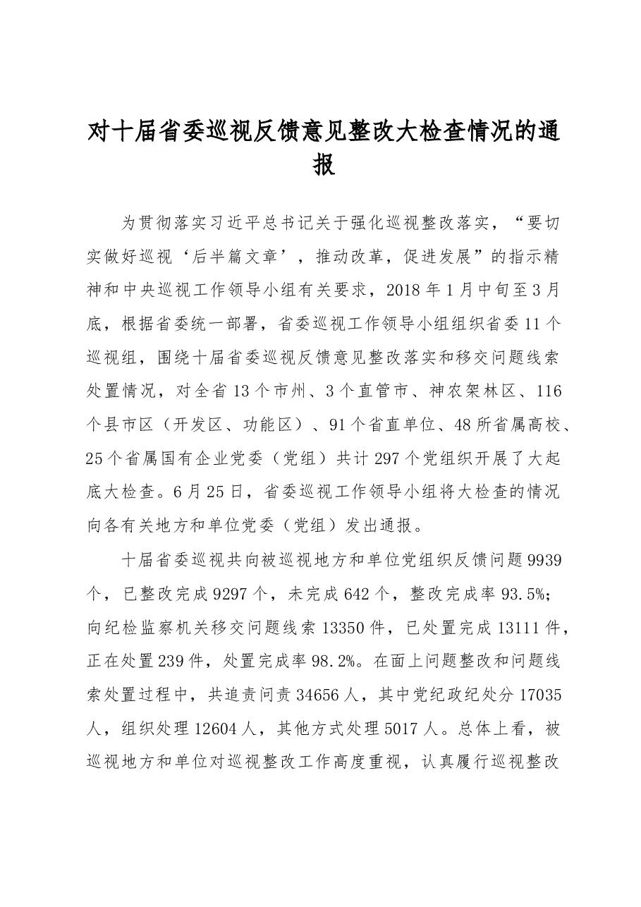 中共湖北省十届省委巡视反馈意见整改大检查情况的通报.docx,第1页预览